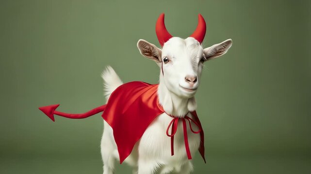 White goat with devil horns cape and tail