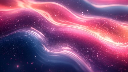 Abstract pink, orange, and blue wavy liquid light background with glitter.