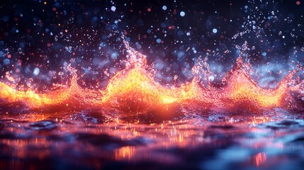 Fiery water wave with sparks and bokeh.