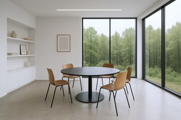 Fototapeta premium Modern Minimalist Dining Room with Round Table and Nature View, Bright and Airy Interior Design