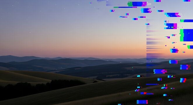 A landscape view of rolling hills at dusk or dawn, with a glitch effect overlaying the right side of the image, creating a digital distortion.
