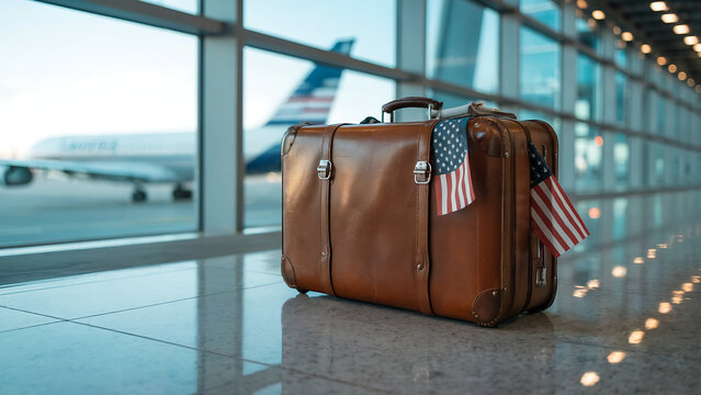 A photograph of a vintage brown leather suitcase resting on a polished gray floor at a bustling airport terminal. The suitcase is slightly ajar, revealing glimpses of neatly folded clothes and a folde