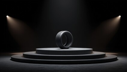 A dark gray tire sits atop a three-tiered podium