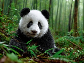 Fototapeta premium Adorable Panda Cub Sitting in Lush Bamboo Forest, Portrait of a Young Panda Bear