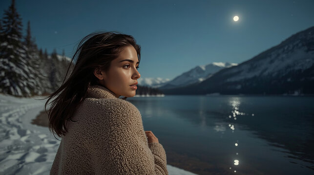 A young attractive woman sitting by a mountain lake at night under a full moon, wrapped in a thick blanket, clear starry sky, moonlight reflecting on the water, quiet and peaceful atmosphere. - Powered by Adobe