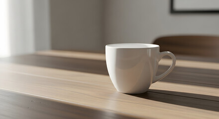 Fototapeta premium A pristine white ceramic coffee mug sits on a polished wooden table bathed in natural light.