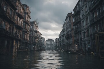 Flooded Venetian alleyway under a gray sky