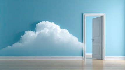 A light, airy room with a fluffy cloud emerging from an open door
