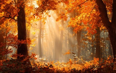 Autumn sunbeams in a misty forest