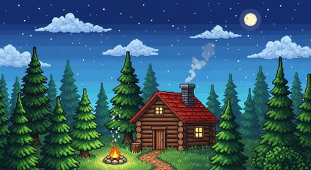Pixel Art Cabin in a Night Forest with a Cozy Fire