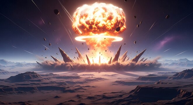 A massive explosion erupts on a barren, rocky landscape, sending fiery plumes and debris skyward, against a backdrop of stars and cosmic phenomena.