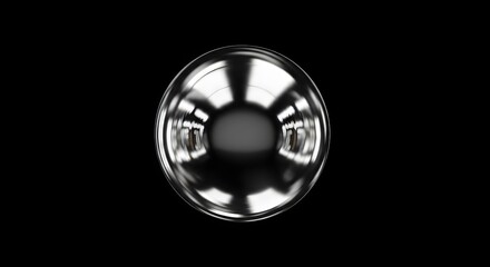 A highly reflective, metallic sphere suspended against a stark, black background, showing light.