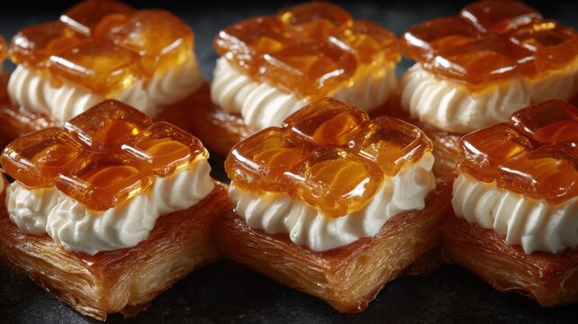 Delicious pastries with cream and jelly topping, perfect for catering events or indulgent treats