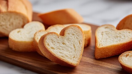 Heart-Shaped Bread Slices on Wooden Board Displaying Love and Freshness for Valentine's Day Food Concepts