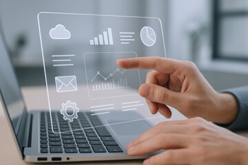 Interactive Data Visualization on Transparent Screen: Business Analytics, Financial Reporting, and Modern Technology Concept
