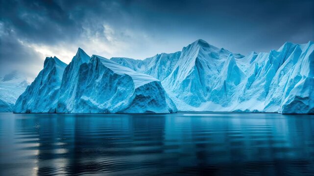 Iceberg glacier polar landscape ocean cold science research in ice regions under moody sky with calm water reflection rugged iceberg wall