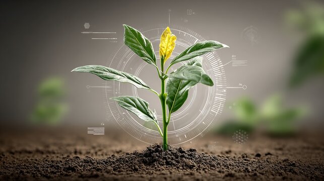 Emerging Plant Growth with Digital Overlay Demonstrating Data-Driven Agriculture and Sustainable Farming Technologies, Innovation, and Monitoring