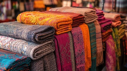 A marketplace stall showcasing handwoven scarves and blankets with rich textures and warm earthy tones