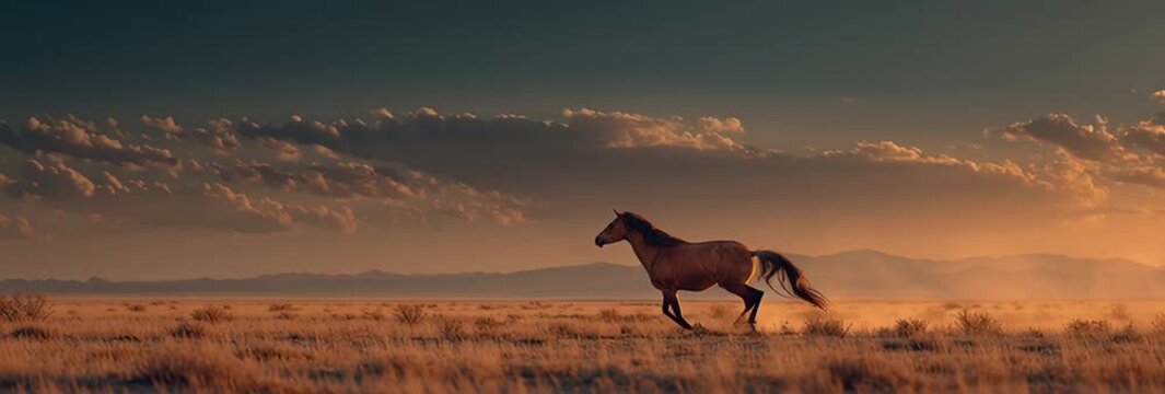Wild Horse's Sunset Gallop: A solitary horse gallops freely across a vast, golden expanse under a dramatic sunset sky. This image captures the spirit of freedom and the untamed beauty of nature.