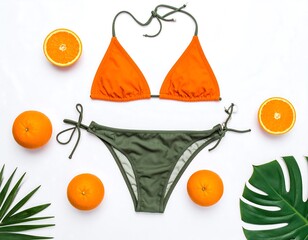 Orange and olive green bikini with citrus and tropical leaves