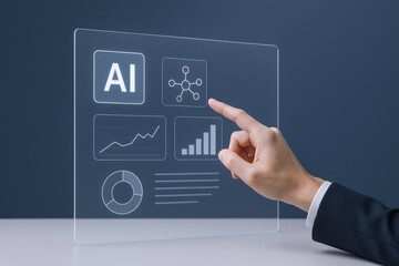 Artificial Intelligence Interface: Hand Interacting with Transparent AI Dashboard, Business Analytics and Data Visualization