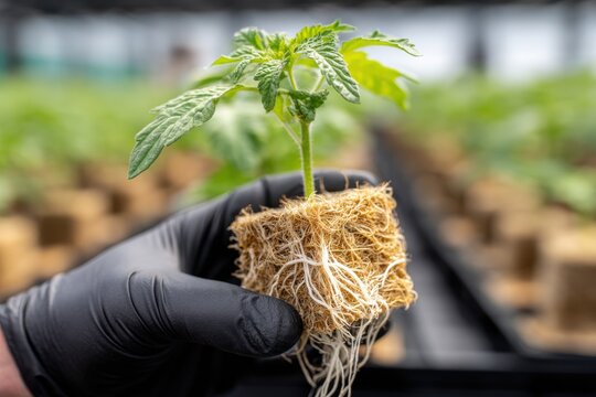 Cannabis Seedling Being Held in Hand Inside Greenhouse, Representing Cultivation and Plant Propagation