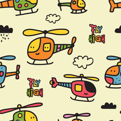 Doodle Helicopter and Cloud Seamless Vector