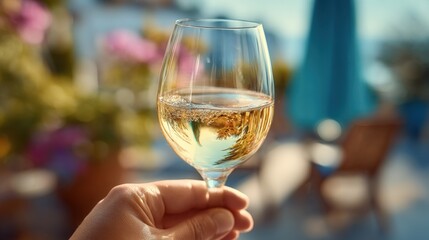 Obraz premium Refreshing White Wine in a Glass, Held Outdoors on a Sunny Day, Celebrating Leisurely Moment