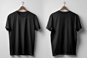 Two black t-shirts on hangers, front and back views