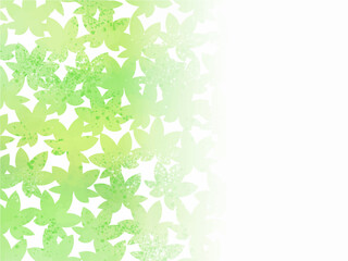 新緑のイメージの背景素材。水彩風テクスチャー。葉っぱのシルエット。爽やかな色調。光の粒子や水滴の輝き。たて長構図。コピースペース