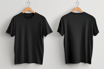Two black t-shirts on hangers against a white background
