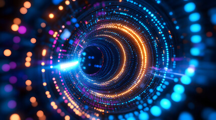 Obraz premium Neon tunnel glowing lights data stream cyberpunk vortex digital abstract blue orange light trail motion blur futuristic