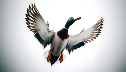 Obraz premium Majestic mallard duck in mid-flight displaying its wingspan and vibrant plumage