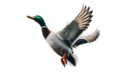 Obraz premium Majestic mallard duck flying with wings spread in mid-air captured in detail