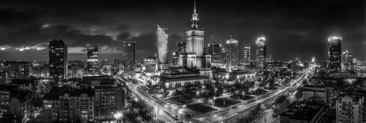 Panoramic view of a city at night