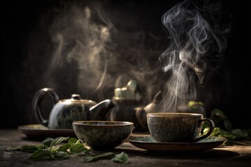 Steaming tea set on a rustic surface