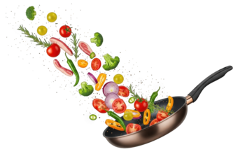 A Dynamic Culinary Scene Featuring Vegetables and Meat Tossed in a Frying Pan, Illustrating the Art of Cooking and the Creation of a Delicious Meal on Transparent