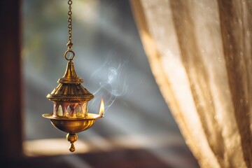 Golden hanging lamp with incense smoke