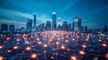 Fototapeta premium Modern city landscape showing dots and line representing high-speed internet, cloud data storage, computing, global market, global network.