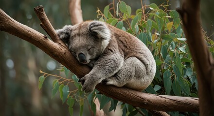 Obraz premium A cute koala is sleeping on a tree branch in the forest, surrounded by green leaves and a blurred background