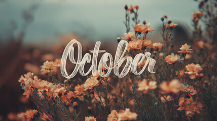 秋の紅葉に染まった木々と小道を描いた自然の風景写真、中央に「October」の文字が浮かぶデザイン、秋の爽やかな季節感を表現した幻想的な素材