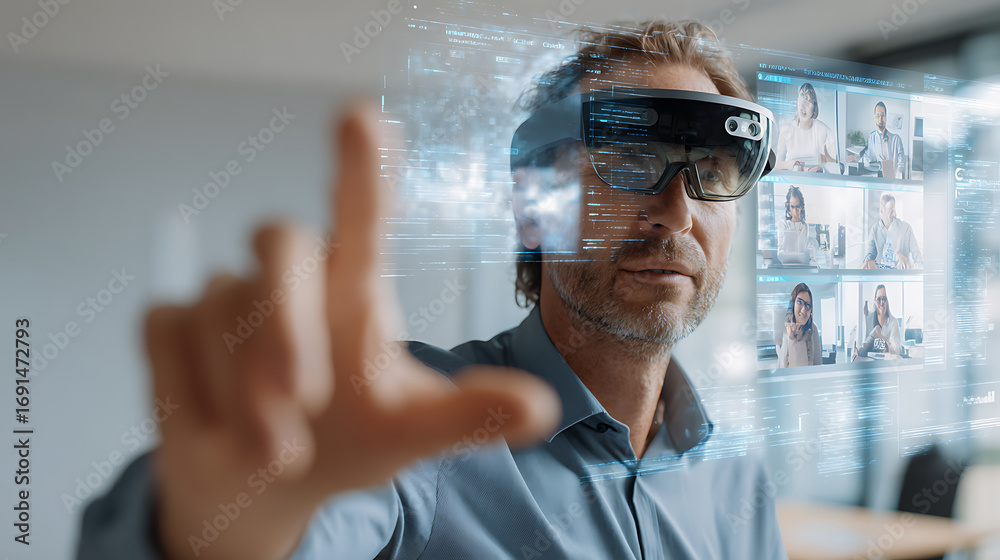 Wall mural man using augmented reality glasses to interact with virtual interface