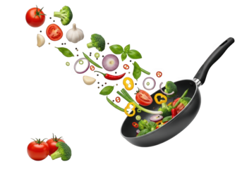 Culinary Symphony A Medley of Fresh Vegetables Tossed in a Pan on a Transparent Background, Ideal for Healthy Eating Designs and Vibrant Food Illustrations