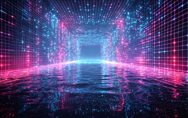 Fototapeta premium Futuristic tunnel with glowing lights and reflective water surface