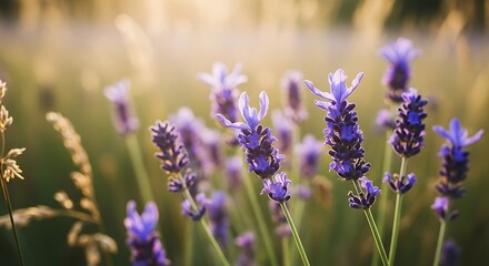 Obraz premium Close up of Lavender flowers in a field during golden hour.