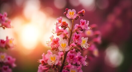 Close up of pink horse chestnut flowers in bloom with soft sunlight.