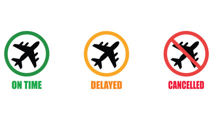 Airplane flight status icons showing on time delayed and cancelled signs
