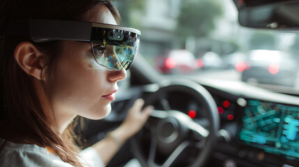 Driver Wearing Augmented Reality Glasses in a Futuristic Car