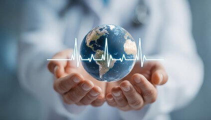 A doctor's hands hold a globe with a heartbeat graphic