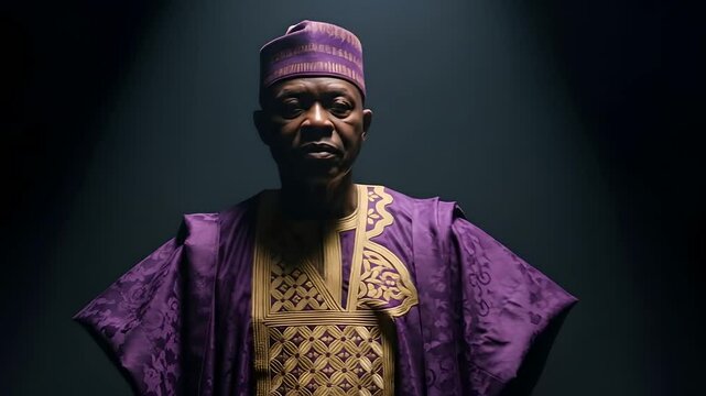 African man in a purple traditional Agbada attire. Cultural richness, leadership. Use for heritage events, documentaries, culture videos, fashion, tradition, ethnic diversity projects.